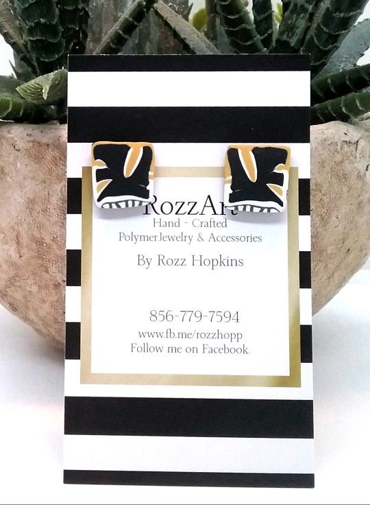 Hand Crafted Polymer Clay Abstract Earrings. Modern Design, Yellow, Black & White, Medium Sized, Surgical Steel Studs. Light Weight And Comfortable.