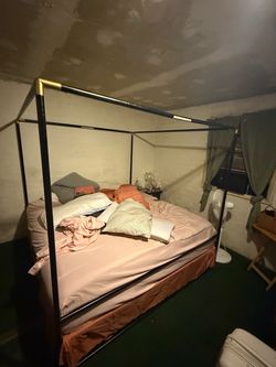 Black and Gold Metal Four-Poster Bed Frame