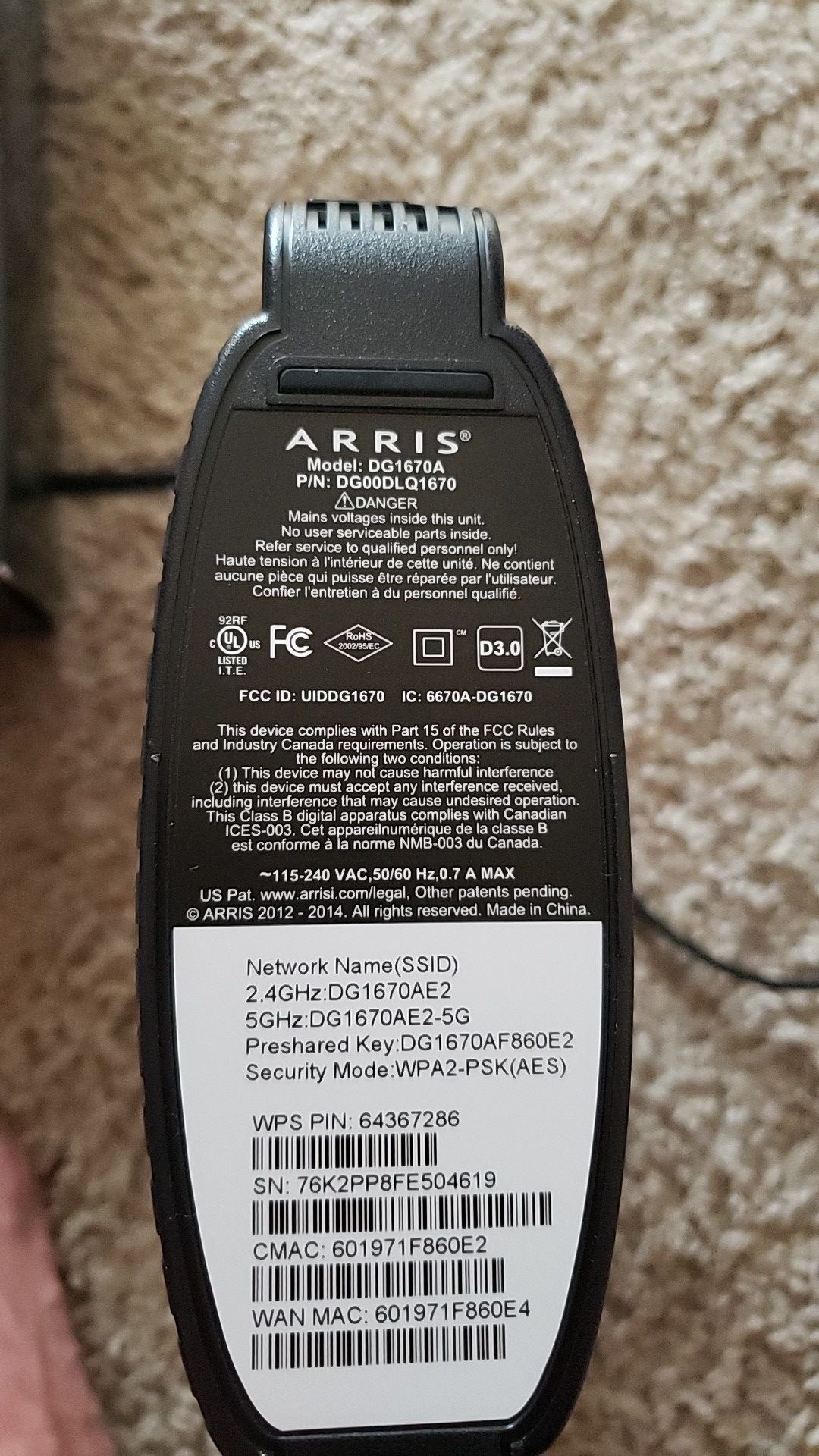 Arris DG1670A wifi router/modem