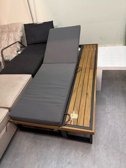 New Outdoor Patio Chaise Lounge Metal Frame Acacia Wood Adjustable 3-Fold Cushions Pool Side Recline