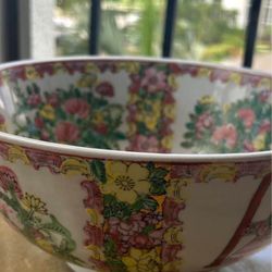 True Antique Chinese Asian Chinoiserie Rose Medallion Hand Painted Centerpiece Bowl. From China. Decades Ago. 