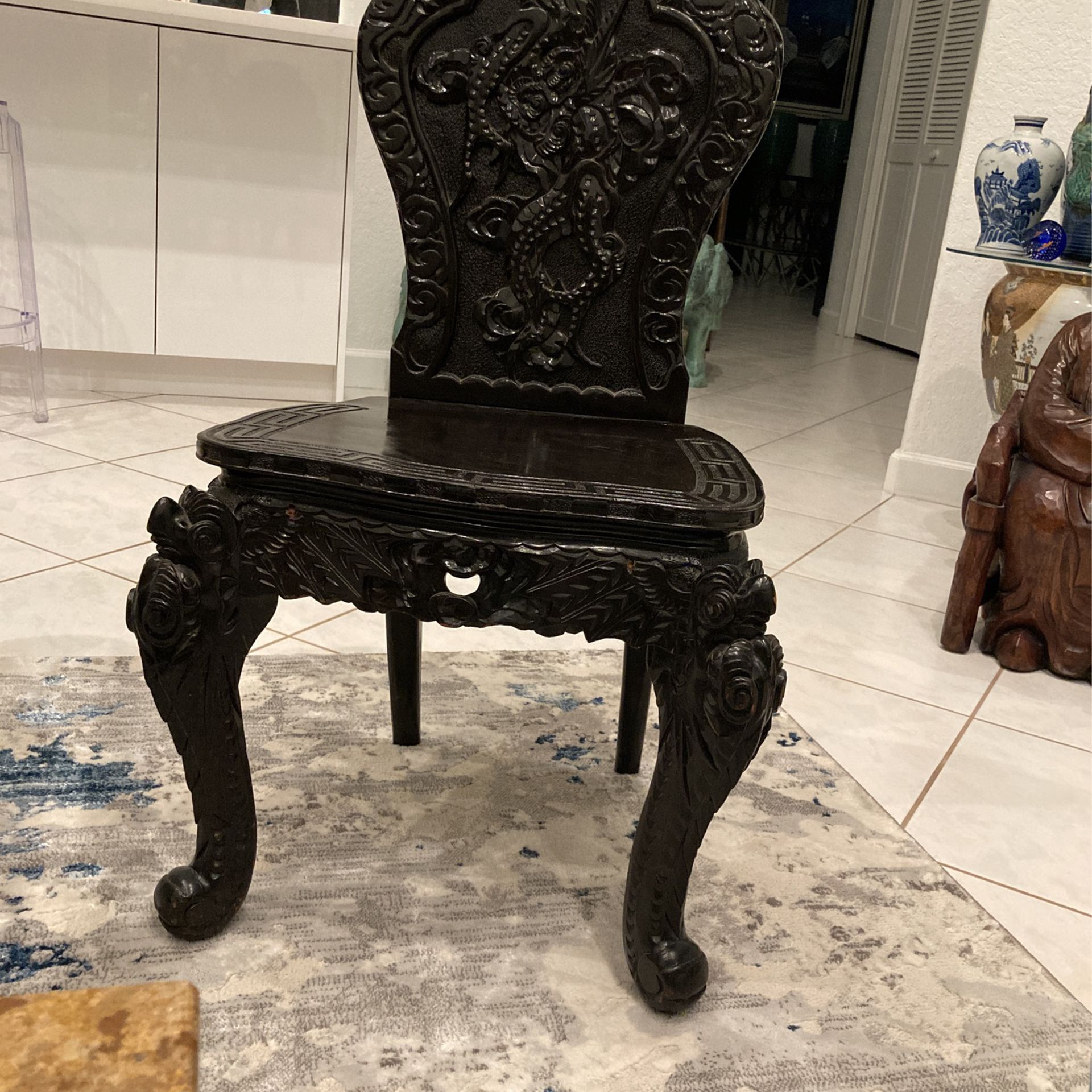 Antique Asian Chinese Chinoiserie Ornate Black Hand Carved Wood Side, Desk Or Vanity Chair! Foo Dog Lion Legs.  