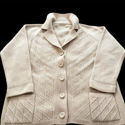 Vintage 70s Sweater Cardigan Womens med Beige Acrylic Button Front