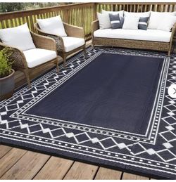 9x18 - Navy Blue Outdoor Area Rug with Geometric Border