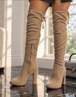 Rhinestone Over-the-Knee Block Heel Boots