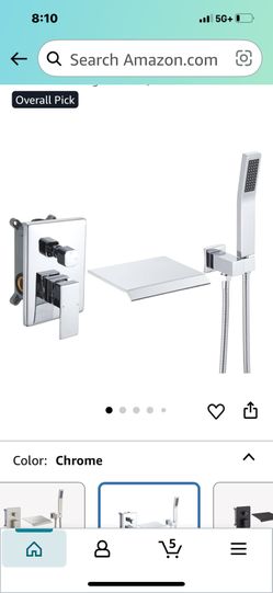 Waterfall Tub Filler Faucet Wall Mount with Hand Shower, Modern Wall Mounted Bathtub Faucet Chrome Tub Faucet with High Flow Rough in Valve, SA-