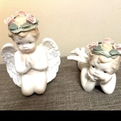 Vintage Set of 2 Porcelain Angel Figurines w/ Floral Head Wreaths