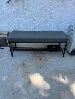 Gray Upholstered Bench with Black Metal Frame