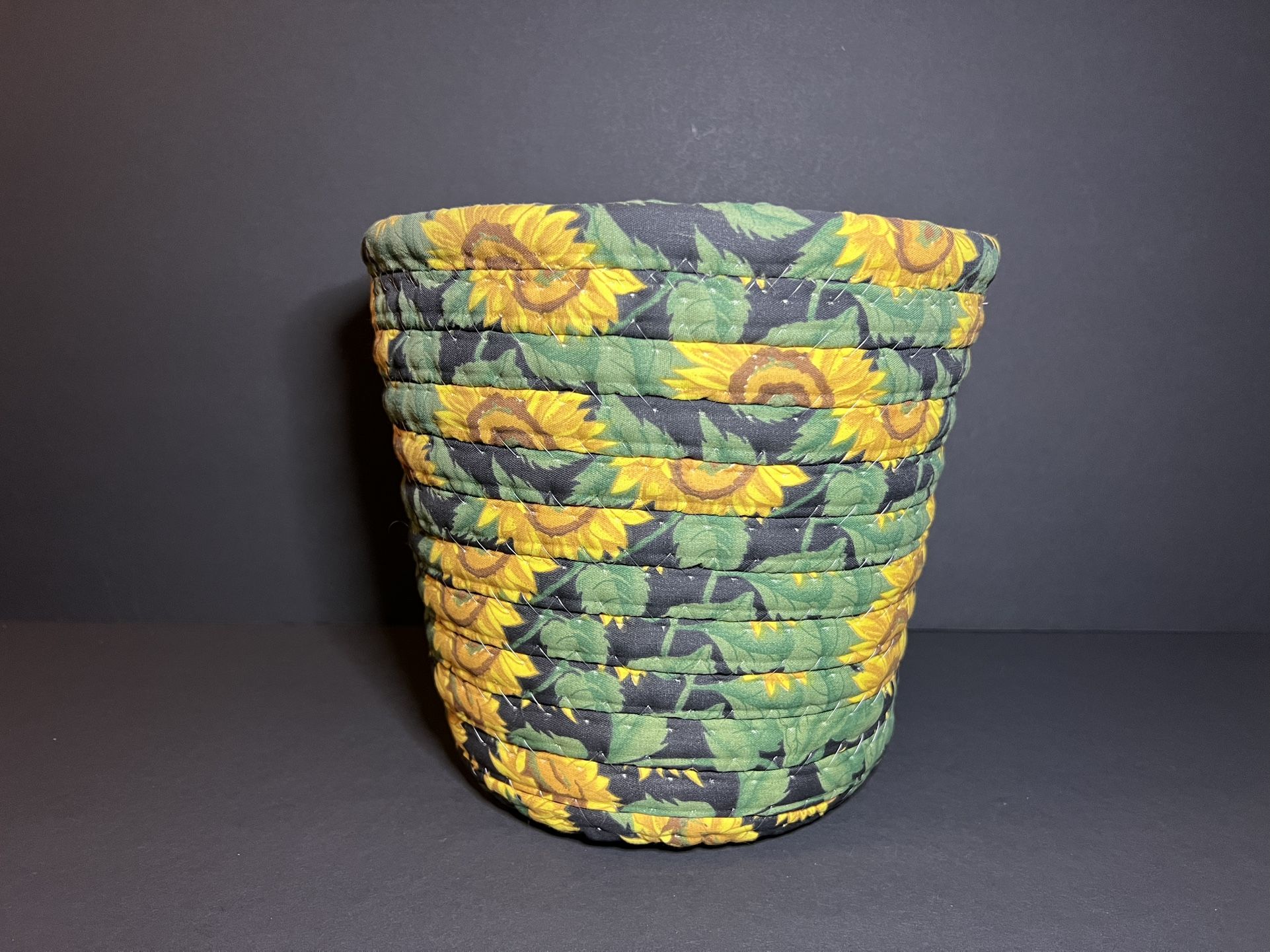 Vintage Green Yellow Fabric Floral Sunflower Print Planter Cache / Waste Basket