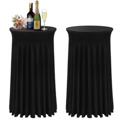 BDDC Cocktail Table Covers - 2 Pack 24"X 43" Black Cocktail Table Tablecloth With Natural Wavy Round Skirt For Bar Wedding Party Banquet