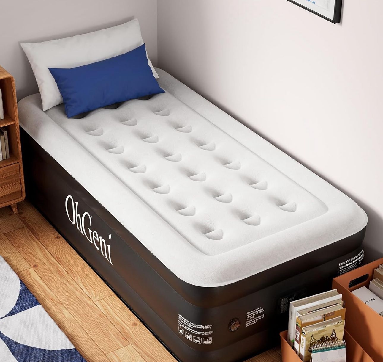 OhGeni Twin Air Mattress with Built in Pump for Guest, 18in Tall Colchon Inflables Blow Up Air Bed with Carrying Bag for Camping, Raised Elevated Doub