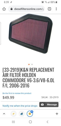 K&N REPLACEMENT AIR FILTER HOLDEN COMMODORE V6-3.6/V8-6.0L F/I, 2006-2016