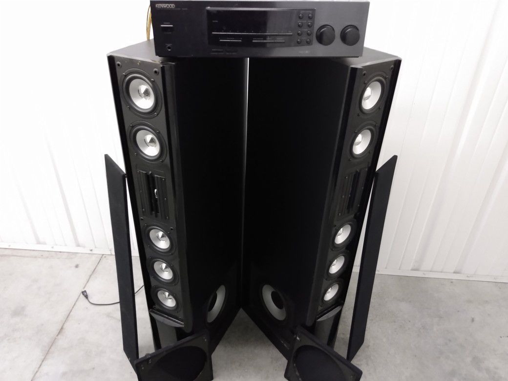 2 Theater Research tower speakers "Not the Fake ones!!" You'll know when you hear them. Also comes with Kenwood receiver.