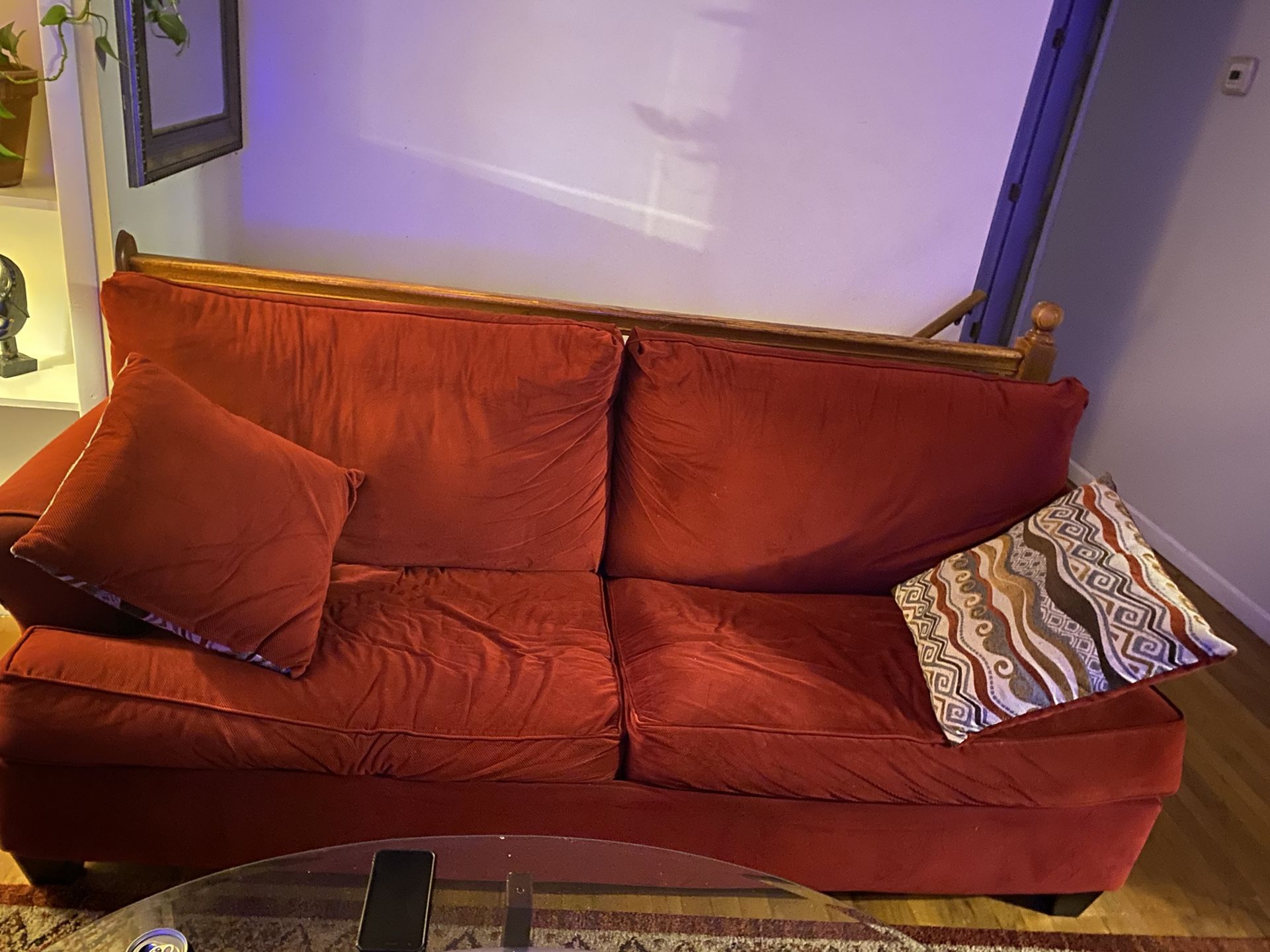 Red Corded Sleeper Sofa And Loveseat