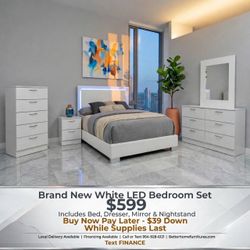 White LED Bedroom Set with Dresser and Mirror