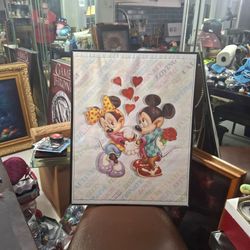 Mickey And Minnie Mouse Love ❤️ Hearts Sweethearts Print 22 X 28 Vintage 1980's W/Black Aluminum Border
