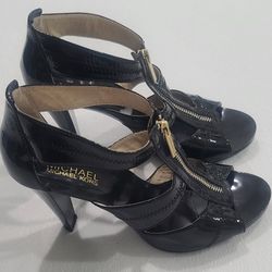 Michael Kors Size 8M Berkley Black Patent Leather Zip  Sandal Heels