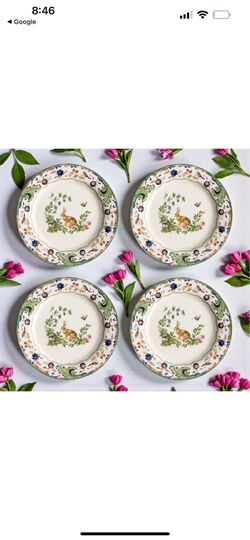 Pottery Barn S/4 Botanical Bunny Dinner Plates 11" NEW Easter Rabbit Holiday