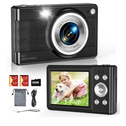 New-Upgrade Digital Camera, 56MP FHD 1080P for Kids with 16x Zoom Anti Shake, 32GB TF Card, Two Batteries, Lanyard, Compact Small for Boys Girls （Blac