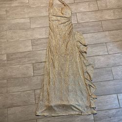 Formal Long Gold Sparkly Halter Top Dress