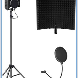 Recording Microphone Stand isolation shield with Heavy Tripod stand, Professional Recording Studio Podcast Equipment Kit with Pop Filter & 3/8 to 5/8 