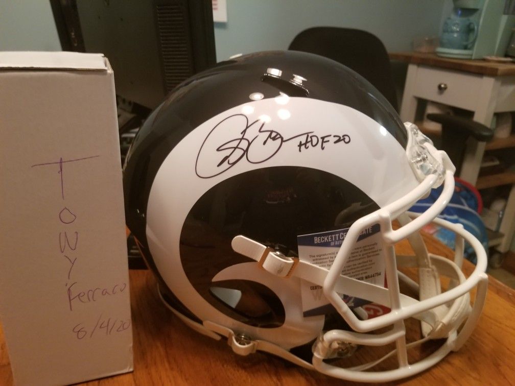 Isaac Bruce signed rams speed authentic fs helmet with hof inscription