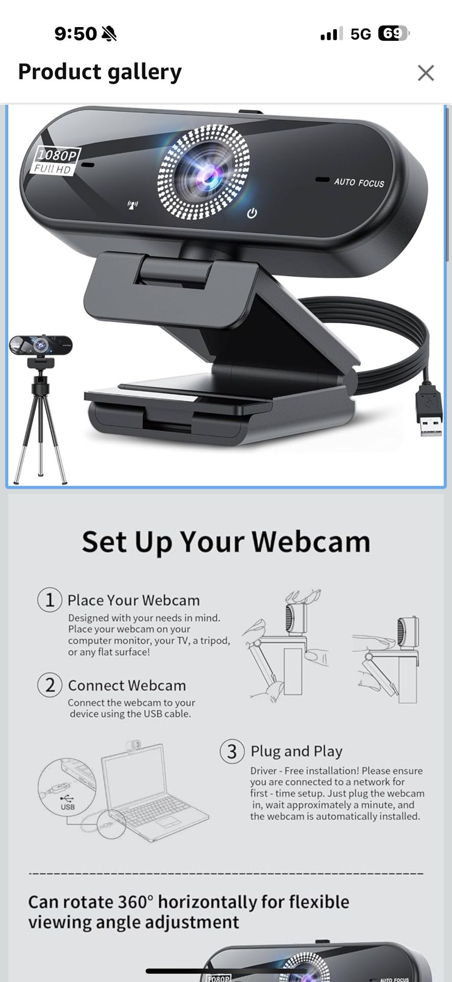new In Box! 1080P Full HD Webcam with Auto Focus, 60fps, Dual Noise-Canceling Mics, Adjustable 110° FOV, 360° Rotation, Privacy Cover, USB Plug & Play