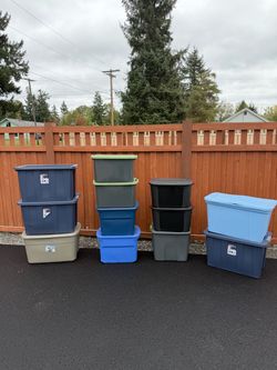 12 Plastic Storage Totes / Bins with Lids – Various Sizes