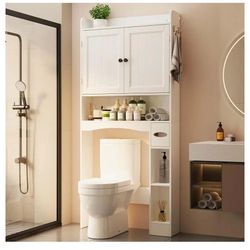 Ahomly Over The Toilet Storage Cabinet, 32.3" W Over Toilet Bathroom Organizer with Doors, Adjustable Shelves, Toilet Paper Holder, 2 Side Hooks, Spac