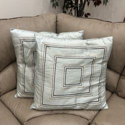 Set of 2 Westport Blue Brown Tan Square Decorative Throw Pillows - 24” x 23”