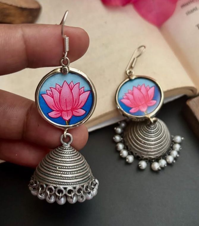Brass Elegant Lotus Jhumka 🪷 Pink Blue Pearl's Wedding Desi Indian