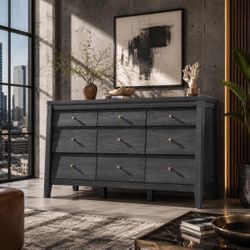 59" Wide Wood Chest of 9 Drawers with Charging Station. Black