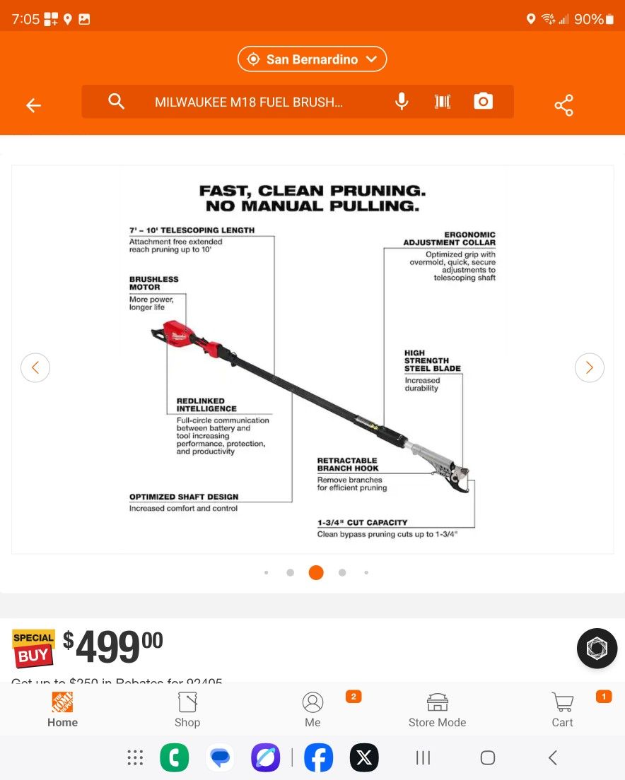 Milwaukee
3
M18 Brushless 18-Volt Lithium-lon Cordless Telescoping Pole Pruning Shears Saw (Tool-Only)