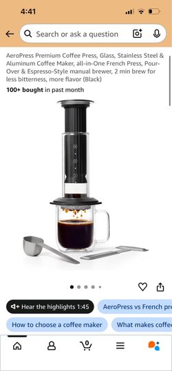 AeroPress Premium Coffee Press, Glass, Stainless Steel & Aluminum Coffee Maker, all-in-One French Press, Pour-Over & Espresso-Style manual brewer, 2 m