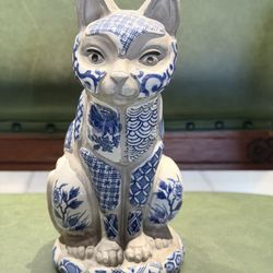 Vintage 1981 Blue & White Ceramic Cat Figurine 