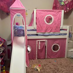 Princess Low Loft Stairway Bed with Slide Pink & White Tent and Tower,