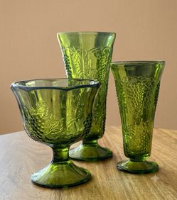 Indiana Green Glass Lot of 3 footed "Grapes & Vines" Vases & Compote