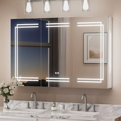 Bathroom Medicine Cabinet with Mirror Light Vanity Large Medicine Cabinet 3 Doors Wall Mounted with Storage,Dimmer,Defogger White LED Medicine Cabinet