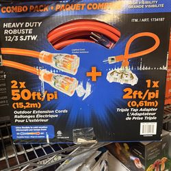 Prime 50ft Extension Cord 2-pack Plus One 2ft Triple Tap Adapter, Neon Orange