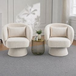 360° Swivel Accent Chair, Modern Velvet Barrel Chair with Pillow, Upholstered Single Sofa for Living Room, Bedroom, Office, Ivory