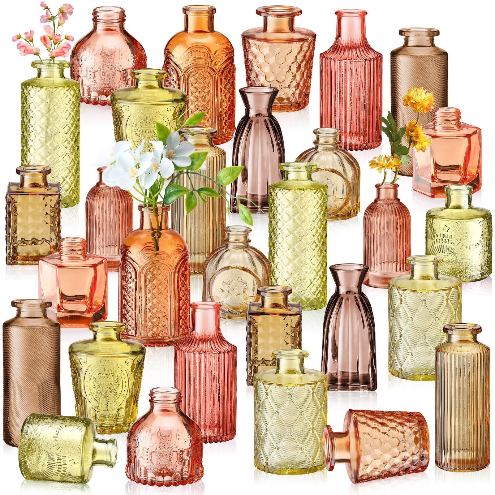Yaomiao 30 Pcs Vases Bulk Colored Flower Glass Vases Bud Vintage Colored Glass Bottles Colorful Rustic Embossed For Home Wedding Table Decorations Gif
