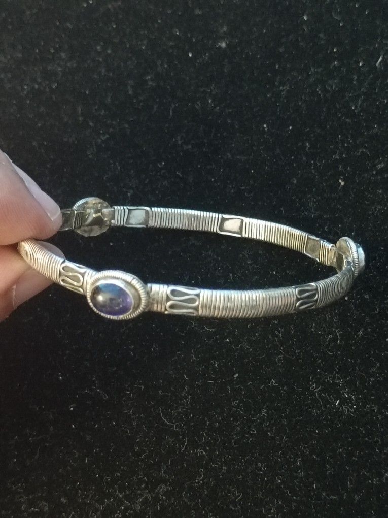 Vintage Handcrafted 925 Sterling Silver & Amethyst Bangle Bracelet