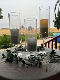 Set Of 3 Pillar Candle Pedestal Holders With Flameless Candles