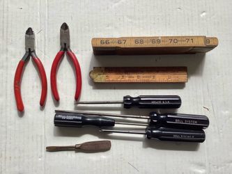 Group of Vtg. Telephone Co. Bell South System Hand Tools Wire Cutting Pliers Folding Ruler Screwdrivers etc.