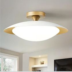 Dimmable Mid Century Modern Semi Flush Mount Ceiling Light with Acrylic Shade,White Gold LED Ceiling Light,5CCT 2700K-6000K Light Fxiture for Hallway 