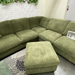 Mid Century Modern Olive Green Plush Corduroy Couch 