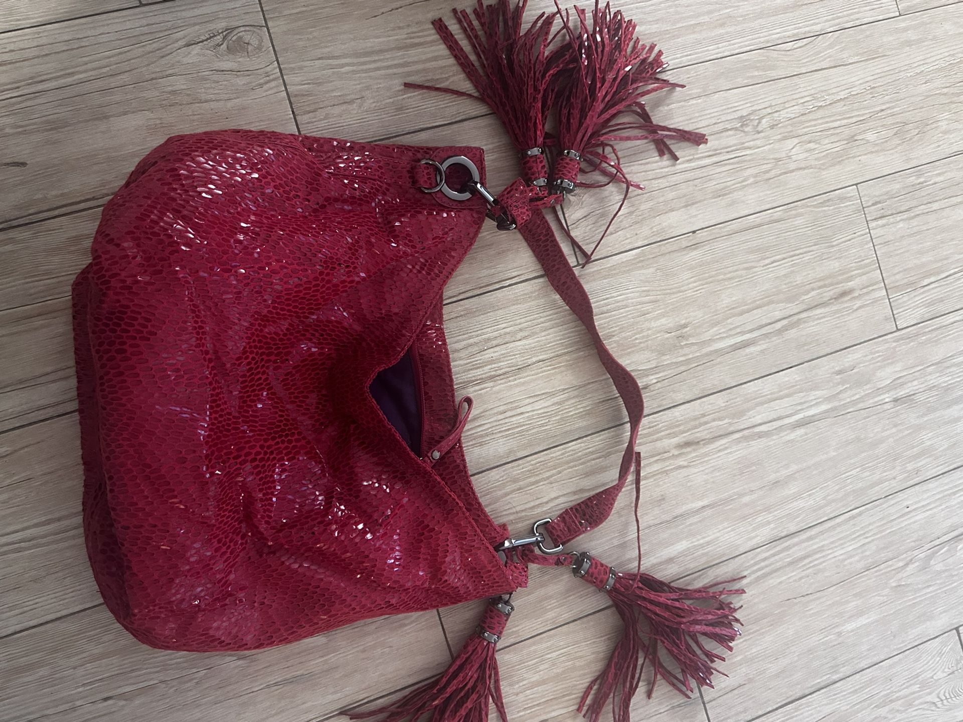 Sondra Roberts Red Snakeskin Double Tassel Bag