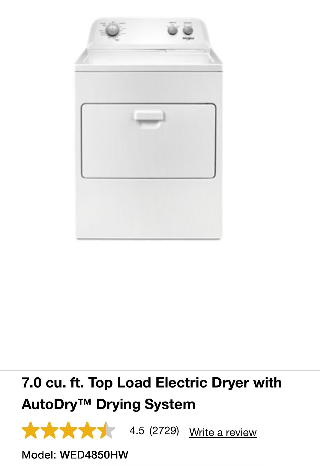 White Whirlpool 7.0 cu. ft. Top Load Electric Dryer with AutoDryâ„¢ Drying System