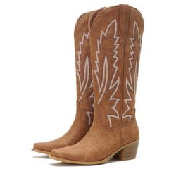 Brand New Cowboy Boots for Women Cowgirl Western Boots Pointed Toe Chunky Heel Embroidered Knee High Fashion Country Concert Boots