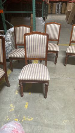 8 Wood Dining Chairs with Striped Upholstery